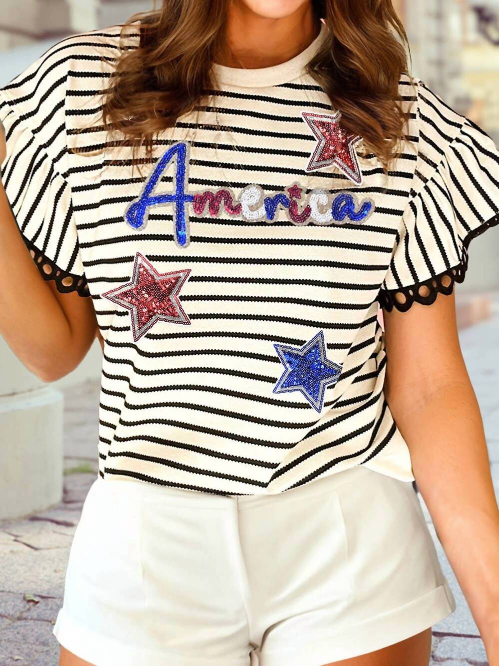 NEW DEAR LOVER sequin america star graphic flutter sleeve top in black stripe